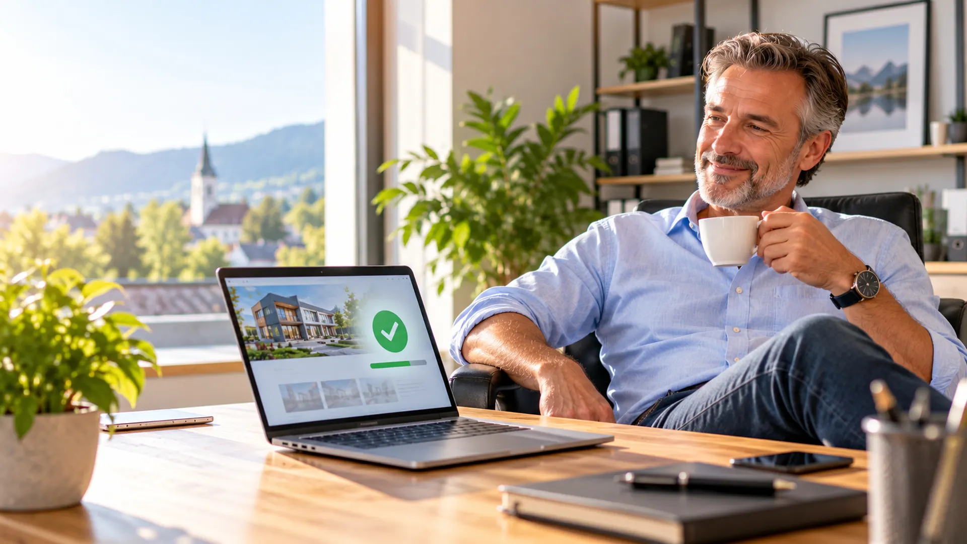 Ein Laptop zeigt eine Website mit grünem Häkchen