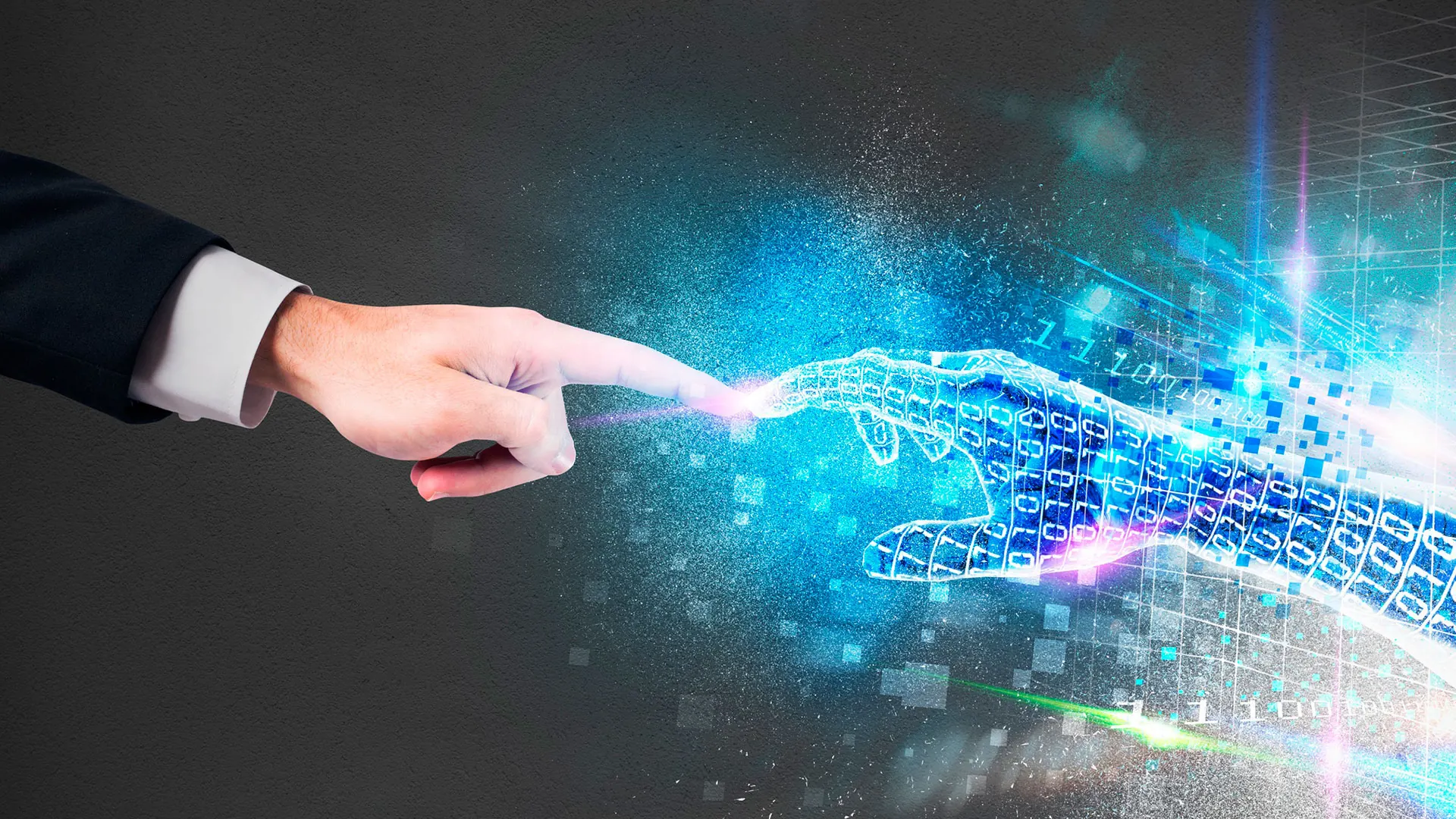 Eine menschliche Hand berührt eine digitale Hand aus Licht und Daten