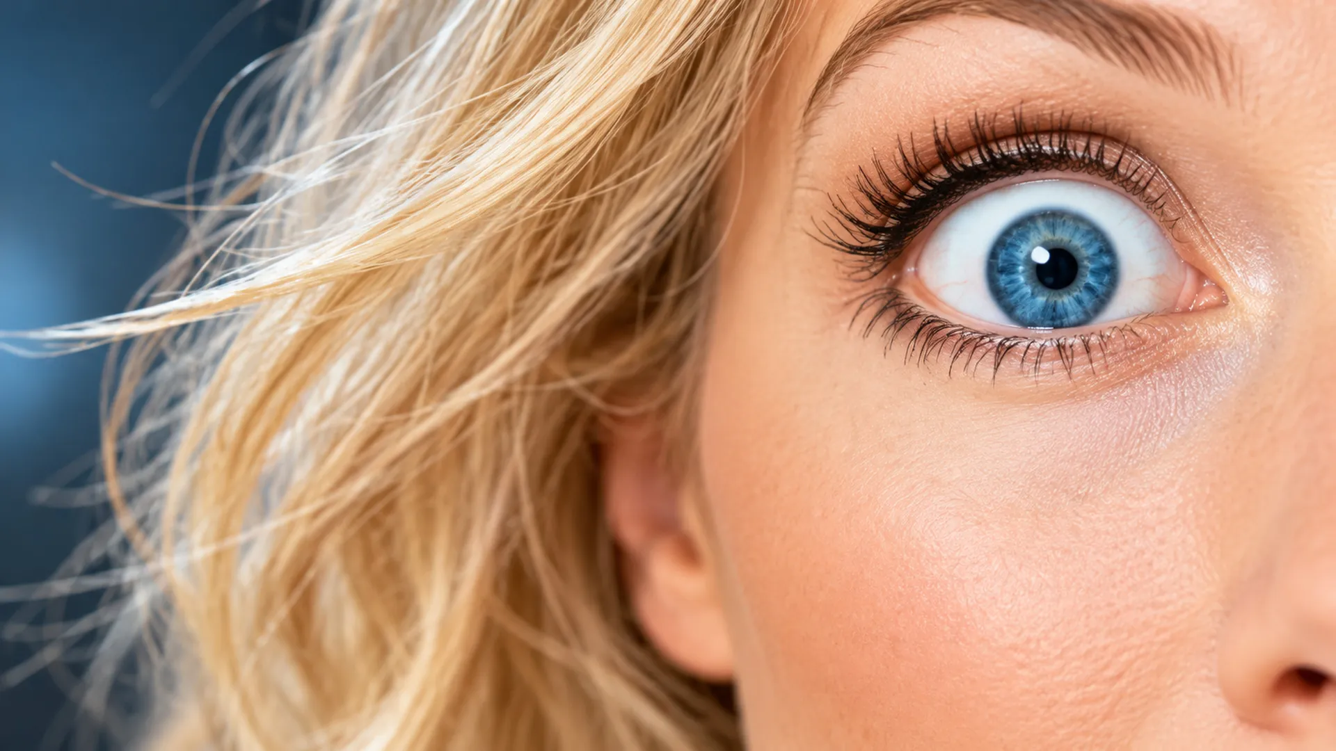 Nahaufnahme eines weit geöffneten blauen Auges einer blonden Frau