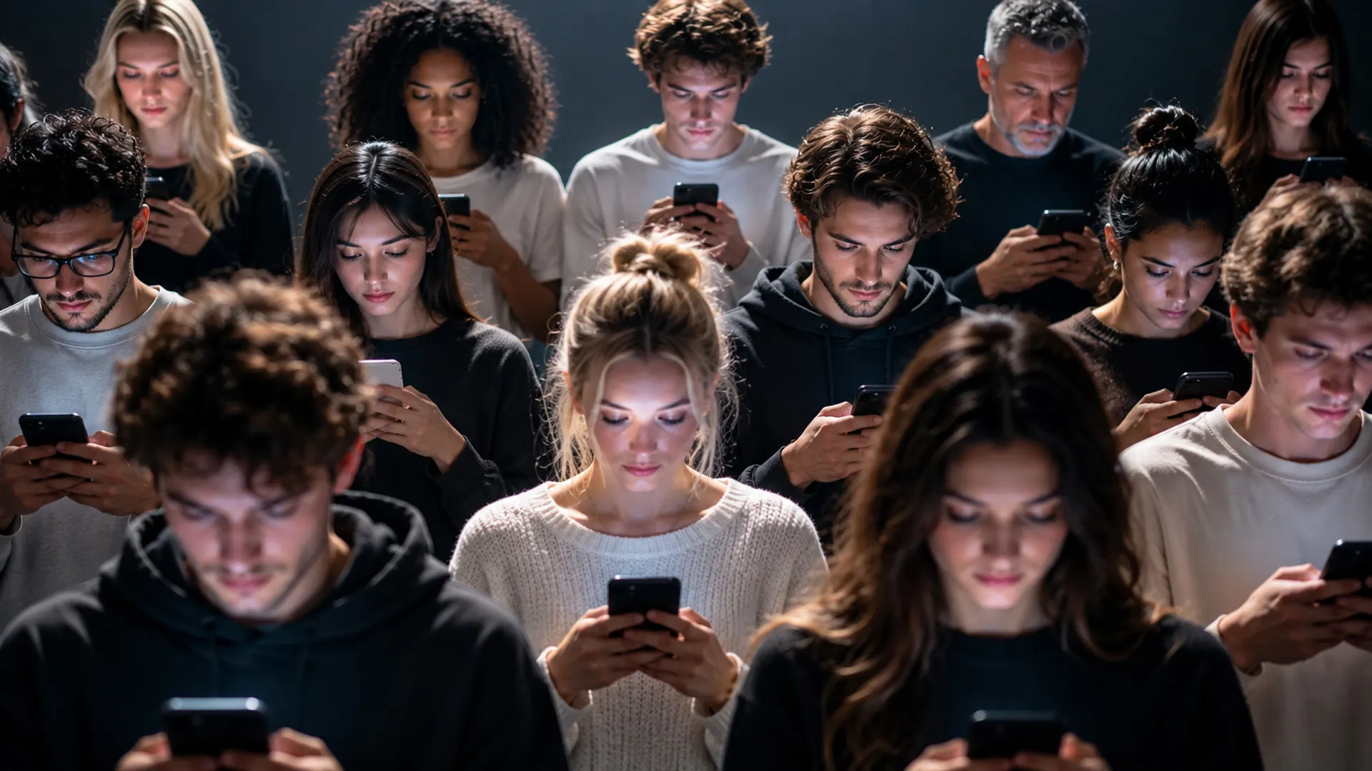 Viele junge Menschen blicken gleichzeitig auf ihre Smartphones