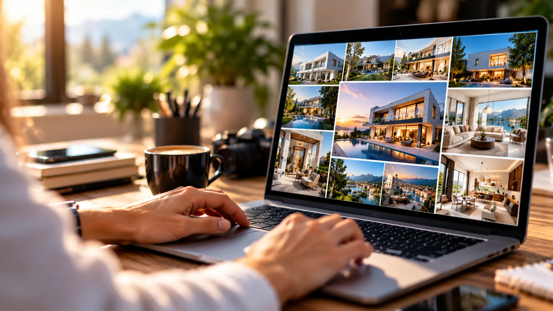 Hände am Laptop, auf dem Bildschirm eine Galerie mit Fotos eines Architekturprojekts