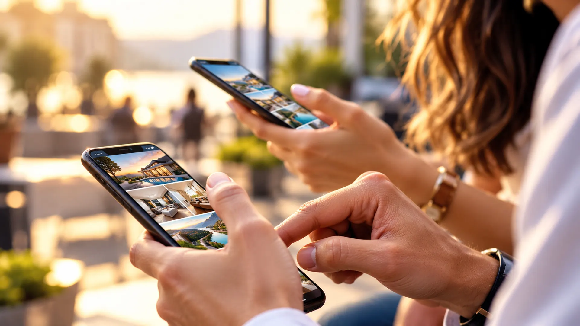 Zwei Menschen zeigen einander auf ihren Smartphones dieselben Bilder