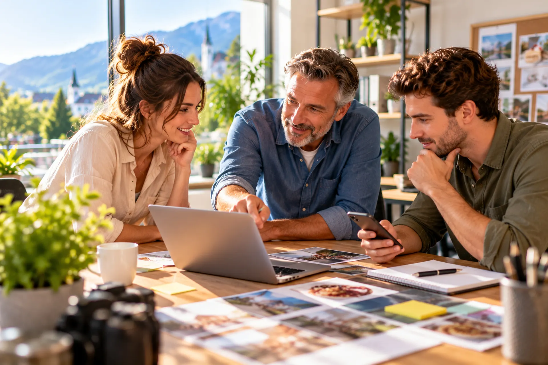 Ein kleines Team plant am Besprechungstisch Social-Media-Beiträge